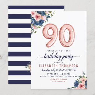 Roos Gold Balloon Floral Navy Blush 90th Birthday Kaart