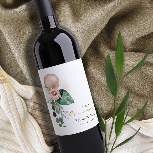 ROOS GOLD BALLOON PEACH FLORAL BUNCH BABY SHOWER WIJN ETIKET