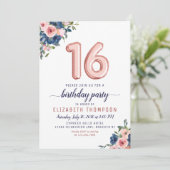 Roos Gold Balloons 16th Birthday Floral Navy Blush Kaart (Staand voorkant)
