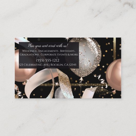 Roos Gold Balloons Black Chic Party Event Planner Visitekaartje (Achterkant)