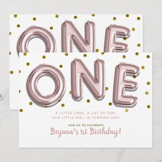 Roos Gold Balloons Confetti 1e verjaardag Kaart (Voorkant / Achterkant)