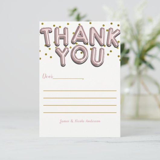 Roos Gold Balloons Confetti Stip Hartelijk dank Bedankkaart (Staand voorkant)