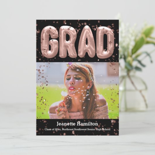 Roos Gold Balloons Roze Confetti Girls Afstuderen Kaart (Staand voorkant)