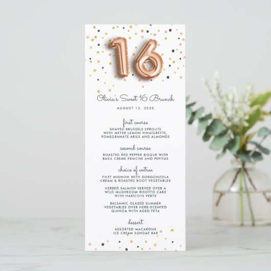 Roos Gold Balloons Sweet 16 Menu (Staand voorkant)