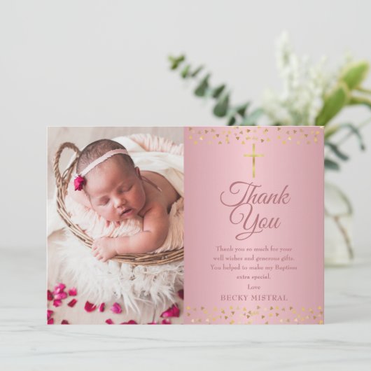 Roos Gold Baptisme Christening Foto Bedankkaart (Staand voorkant)