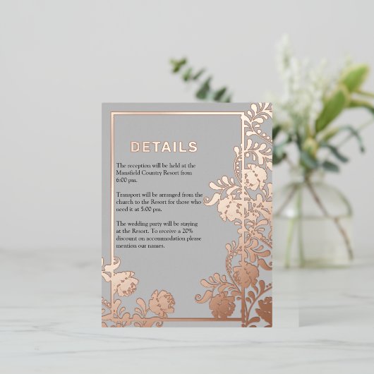 Roos Gold Beauty Modern Elegance Bruiloft Details Folie Uitnodiging Briefkaart (Staand Voorkant)