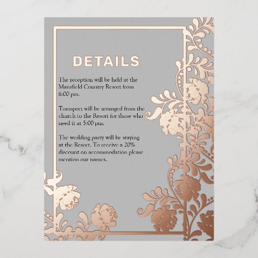 Roos Gold Beauty Modern Elegance Bruiloft Details Folie Uitnodiging Briefkaart (Voorkant)