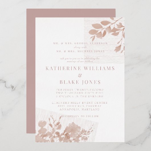 Roos Gold Beide Ouders Stoffig Roos Bruiloft Folie Uitnodiging (Voorkant / Achterkant)