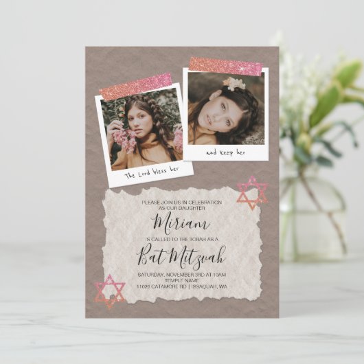 Roos Gold, Beige Scrapbook Bat Mitzvah Invite Kaart (Staand voorkant)