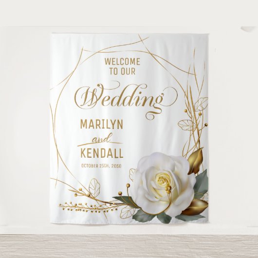 Roos Gold Biologische Bloemen Bruiloft Achtergrond Wandkleed (Voorkant)