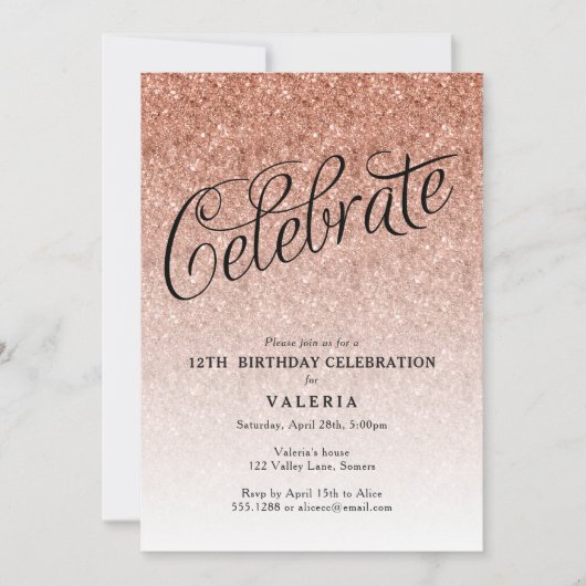 Roos Gold Birthday Celebrate Glitter Uitnodiging (Voorkant)