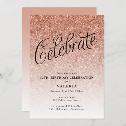 Roos Gold Birthday Celebrate Glitter Uitnodiging (Voorkant / Achterkant)