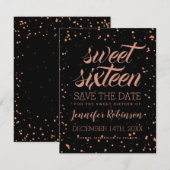 Roos Gold Blac Sweet 16 Save Date Sparkle Confetti Save The Date (Voorkant / Achterkant)