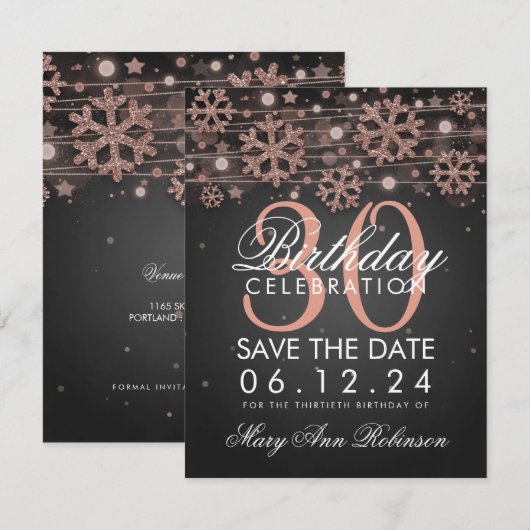 Roos Gold Black 30th Birthday Save Date Winter Kaart (Voorkant / Achterkant)