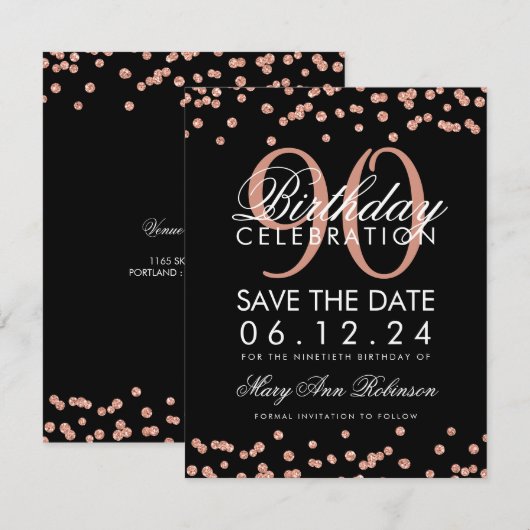 Roos Gold Black 90th Birthday Save Date Confetti Kaart (Voorkant / Achterkant)
