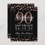 Roos Gold Black 90th Birthday Save Date Confetti Kaart<br><div class="desc">Het elegante "90th Birthday Party"-ontwerp met Roos Gold Faux Glitter Confetti Black en tekst op maat en details. Eenvoudig te gebruiken en eenvoudig aan te passen. Bestel vandaag nog!</div>