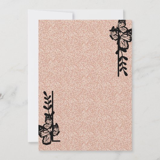 Roos Gold & Black Butterfly Quinceanera Kaart (Achterkant)