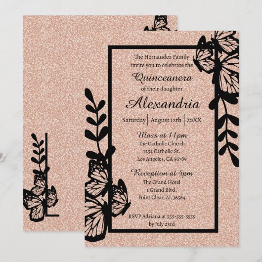 Roos Gold & Black Butterfly Quinceanera Kaart (Voorkant / Achterkant)