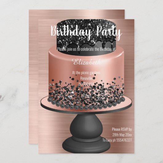 ROOS GOLD BLACK CAKE BIRTHDAY INVITATIE 2 KAART (Voorkant / Achterkant)