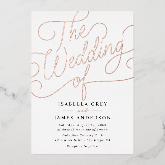 Roos Gold Black Calligraphy Script Wedding Folie Uitnodiging (Voorkant)