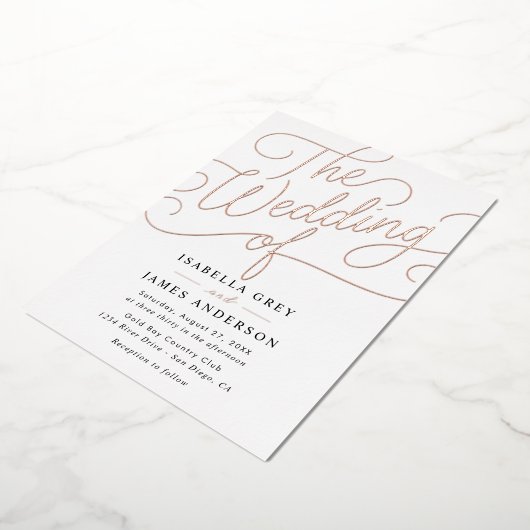 Roos Gold Black Calligraphy Script Wedding Folie Uitnodiging (Gedraaid)