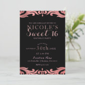 Roos Gold Black Damask Chic Elegant Sweet 16 Party Kaart (Staand voorkant)