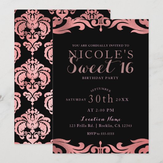 Roos Gold Black Damask Chic Elegant Sweet 16 Party Kaart (Voorkant / Achterkant)