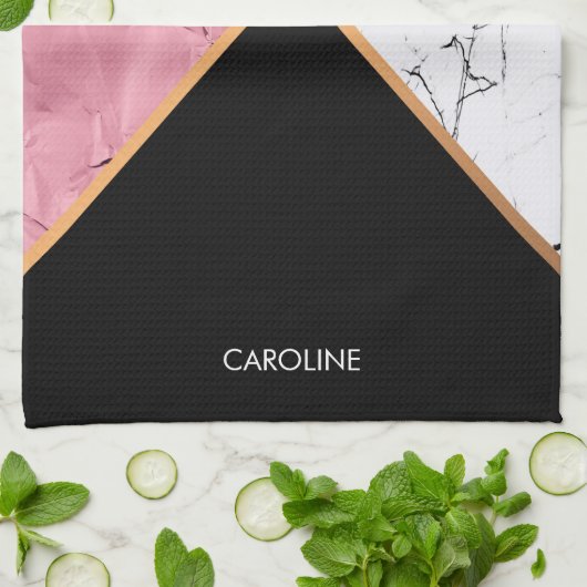 Roos Gold Black en White Marble Pattern Theedoek (Gevouwen)