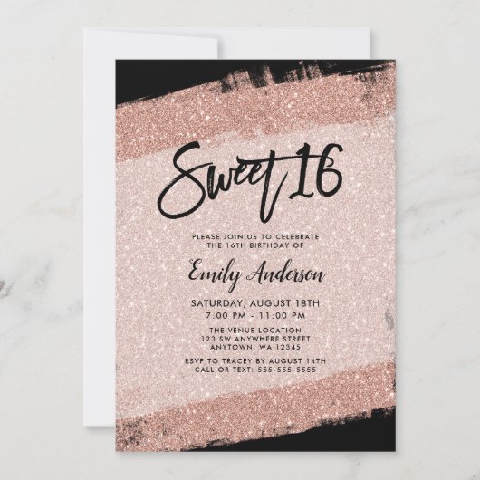 Roos Gold Black Faux Glitter Brush Sweet 16 Kaart (Voorkant)
