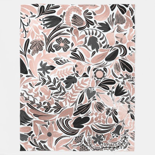 Roos Gold Black Floral Leaf Illustration Pattern Fleece Deken (Voorkant)