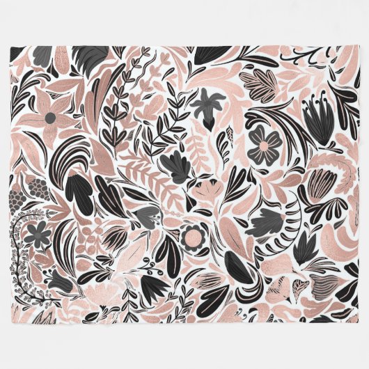Roos Gold Black Floral Leaf Illustration Pattern Fleece Deken (Voorkant (Horizontaal))