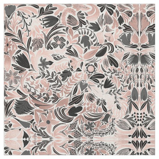 Roos Gold Black Floral Leaf Illustration Pattern Stof (Close Up)