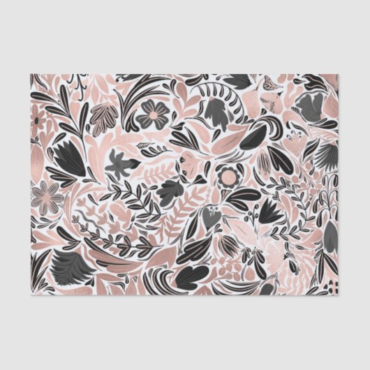 Roos Gold Black Floral Leaf Illustration Pattern Tissuepapier (Voorkant)