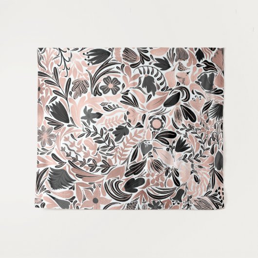 Roos Gold Black Floral Leaf Illustration Pattern Wandkleed (Voorkant (horizontaal))