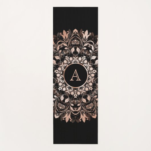 Roos Gold Black Floral Mandala Monogram Yoga Mat (Voorkant)