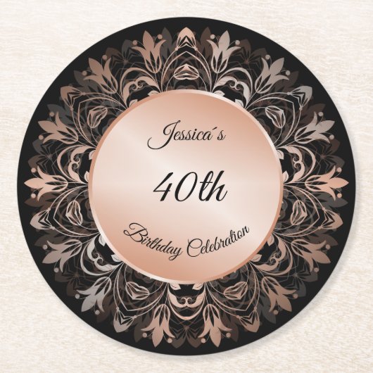 Roos Gold Black Floral Mandala Ronde Kartonnen Onderzetter (Voorkant)