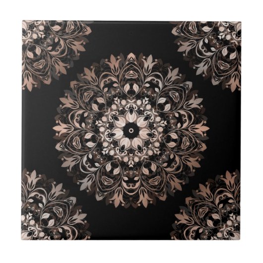 Roos Gold Black Floral Mandala Tegeltje (Voorkant)