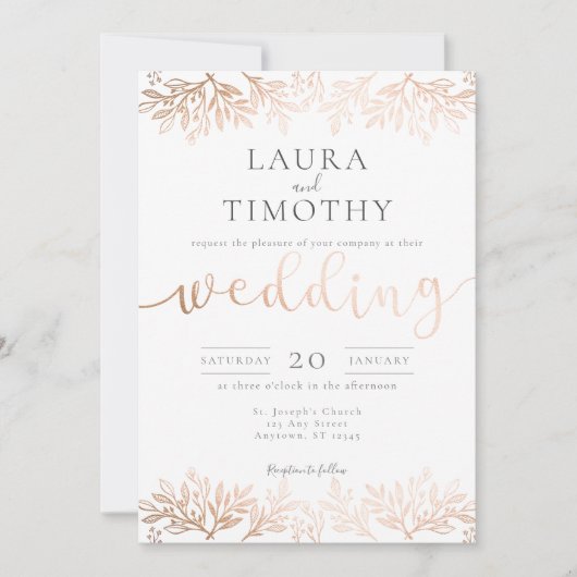 Roos Gold Black Floral Rustic Typography Wedding Kaart (Voorkant)