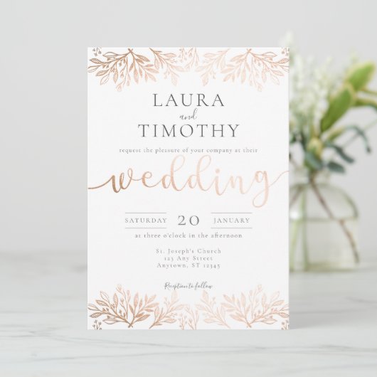 Roos Gold Black Floral Rustic Typography Wedding Kaart (Staand voorkant)