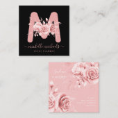 Roos Gold Black Floral Waterverf Monogram Vierkante Visitekaartje (Voorkant / Achterkant)