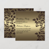Roos Gold & Black Flower Verjaardagsuitnodiging Kaart (Voorkant / Achterkant)