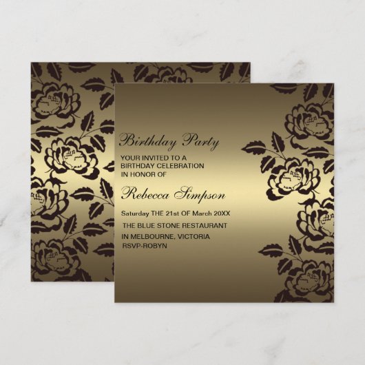 Roos Gold & Black Flower Verjaardagsuitnodiging Kaart