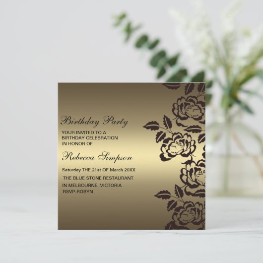Roos Gold & Black Flower Verjaardagsuitnodiging Kaart (Staand voorkant)