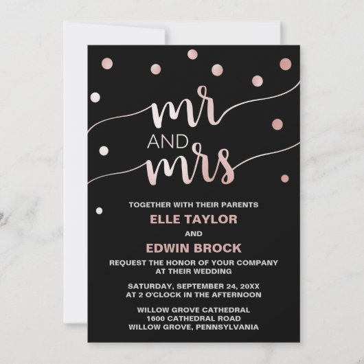 Roos Gold & Black Glam Confetti Mr en Mrs Wedding Kaart (Voorkant)