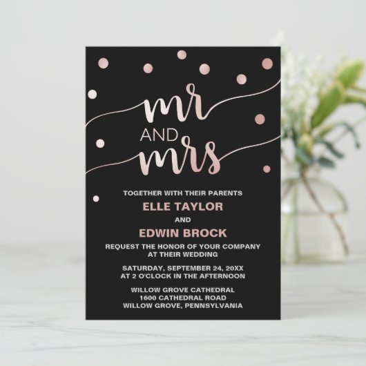 Roos Gold & Black Glam Confetti Mr en Mrs Wedding Kaart (Staand voorkant)