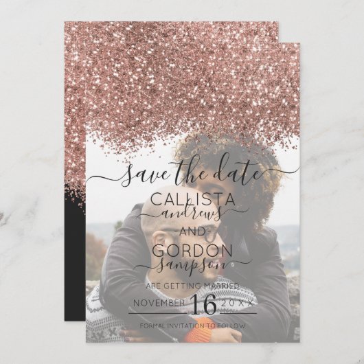 Roos Gold Black Glitter Confetti Photo Weddenschap Save The Date (Voorkant / Achterkant)