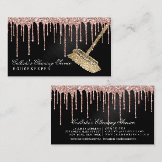 Roos Gold Black Glitter Drips reinigingsservice Visitekaartje (Voorkant / Achterkant)