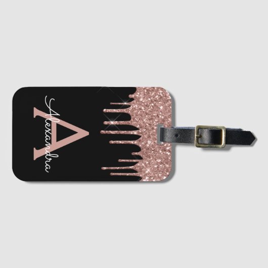 Roos Gold Black Glitter Sparkle Monogram Bagagelabel (Voorkant (horizontaal))