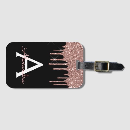 Roos Gold Black Glitter Sparkle Monogram Bagagelabel (Voorkant (horizontaal))