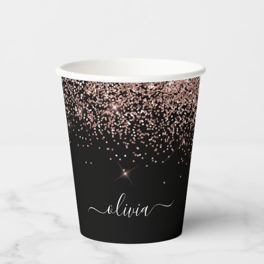 Roos Gold Black Glitter Sparkle Monogram Papieren Bekers (Voorkant)